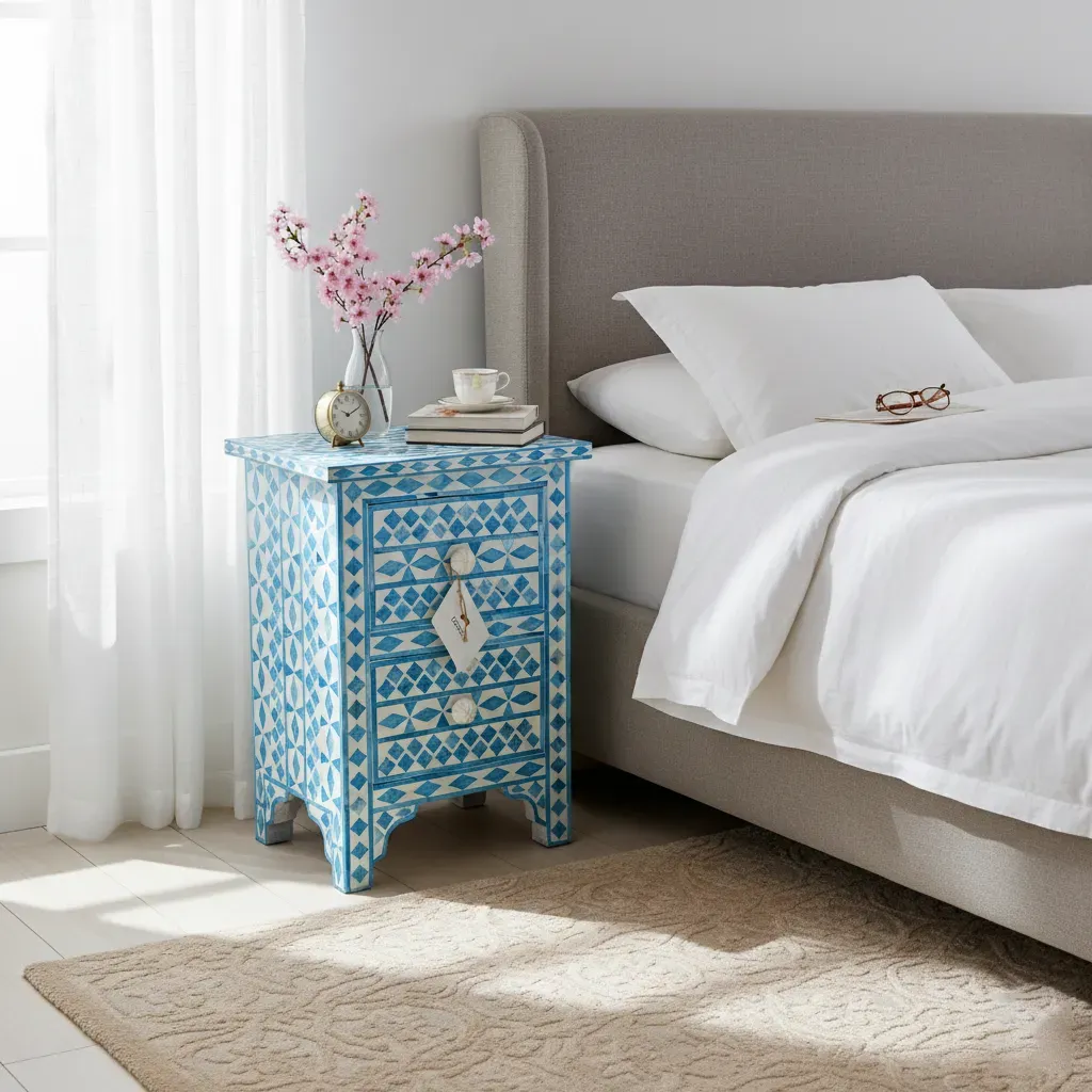 The Indigo-Diamond Bone Inlay Bedside Table