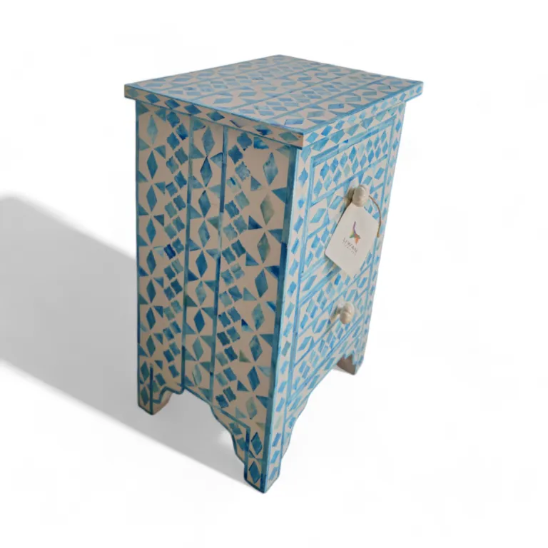 The Indigo-Diamond Bone Inlay Bedside Table