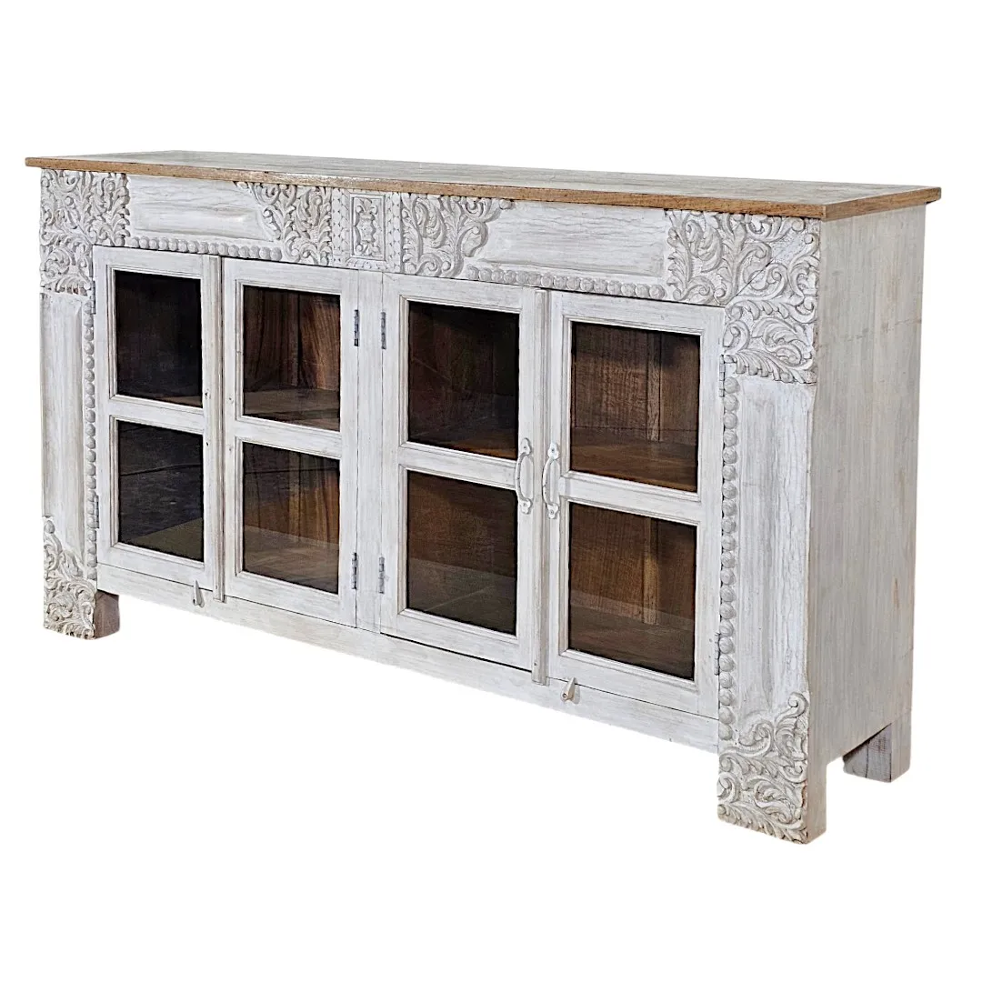The Sanchi Glass-Fronted Mango Wood Sideboard/Credenza