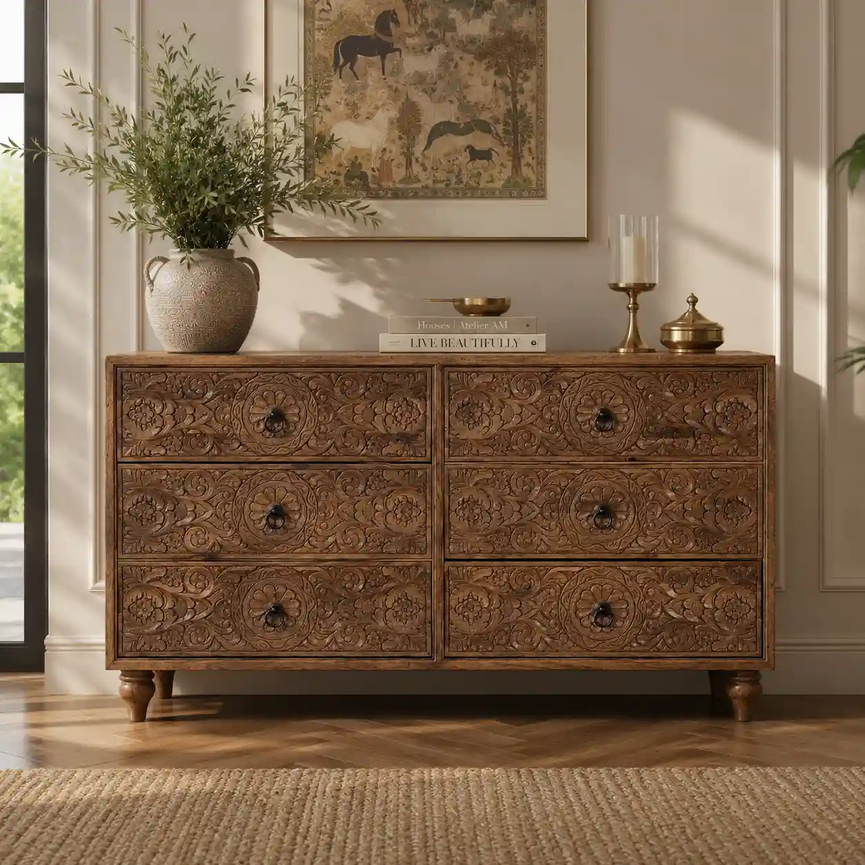 The Asoka Hand-Carved Six-Drawer Media Dresser