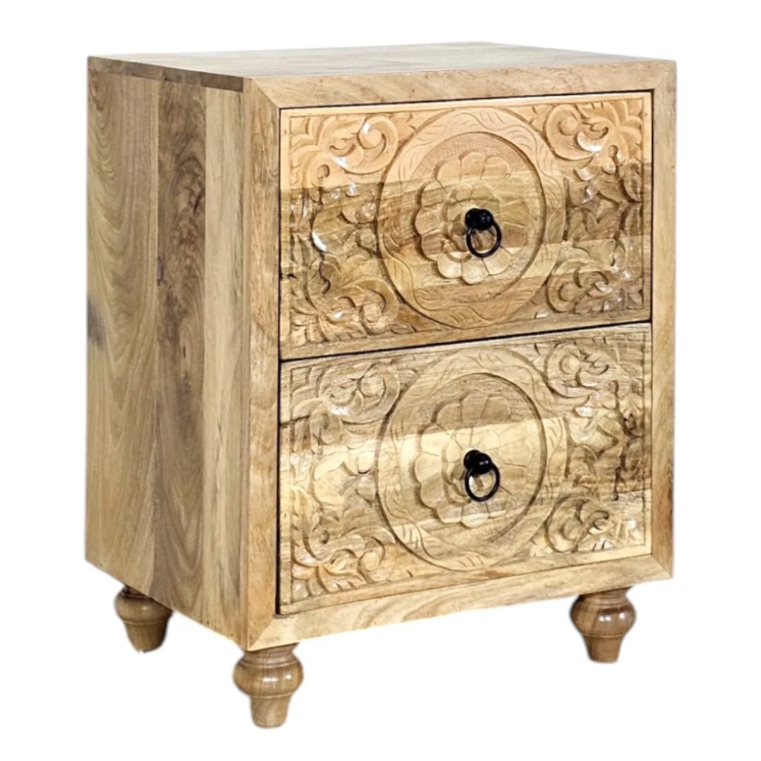 Ashoka Hand-Carved Solid Mango Wood Bedside Table