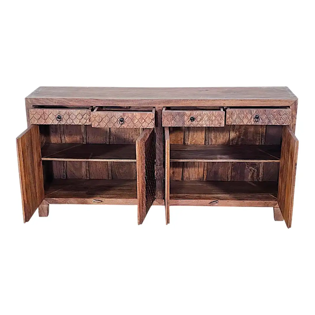The Mahi-Puls Carved Solid Mango Wood 4-Door Sideboard