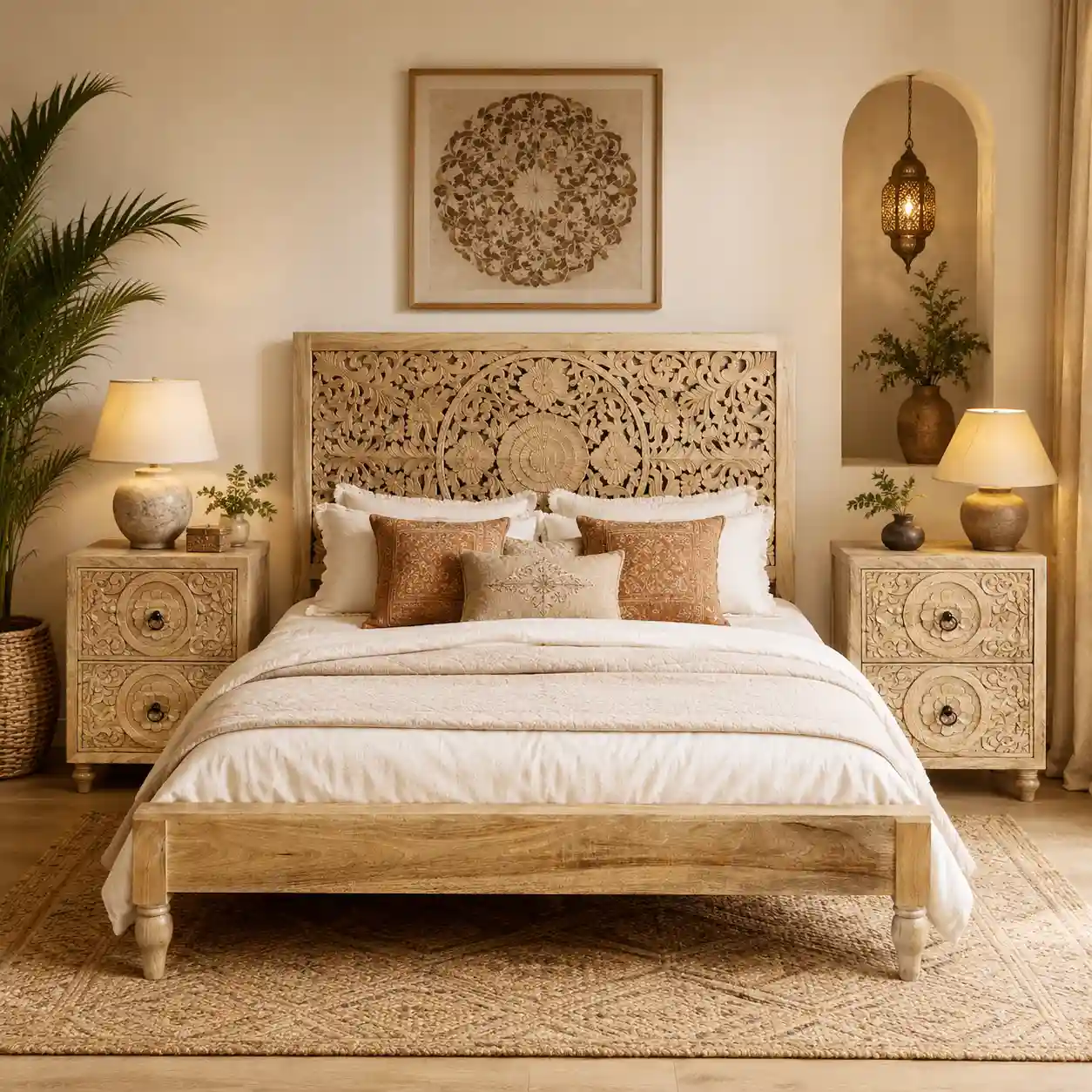 Ashoka Hand-Carved Solid Mango Wood Bed – Indian Heritage Influence