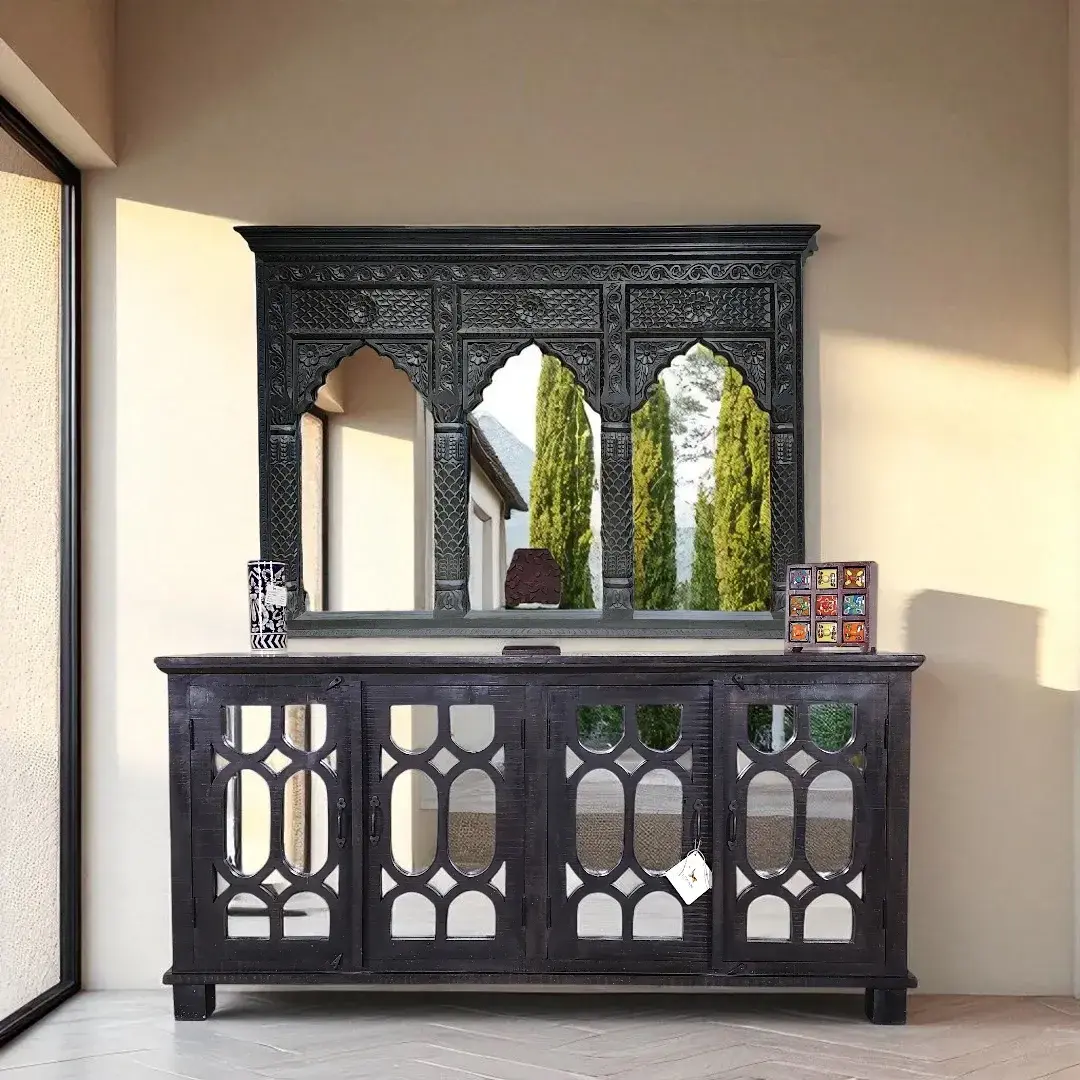 Artisan Crafted Ebony Mango Wood Triple Arch Mirror