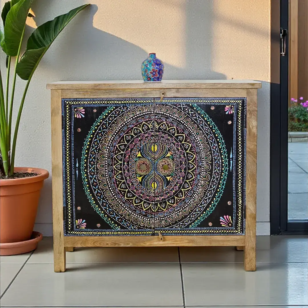 Hand-Painted Mandala Accent Cabinet