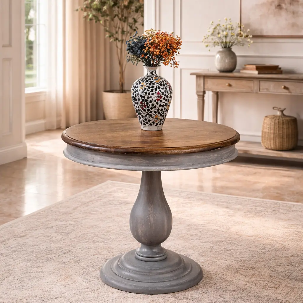 Maya Pedestal Foyer Table in Walnut & Grey