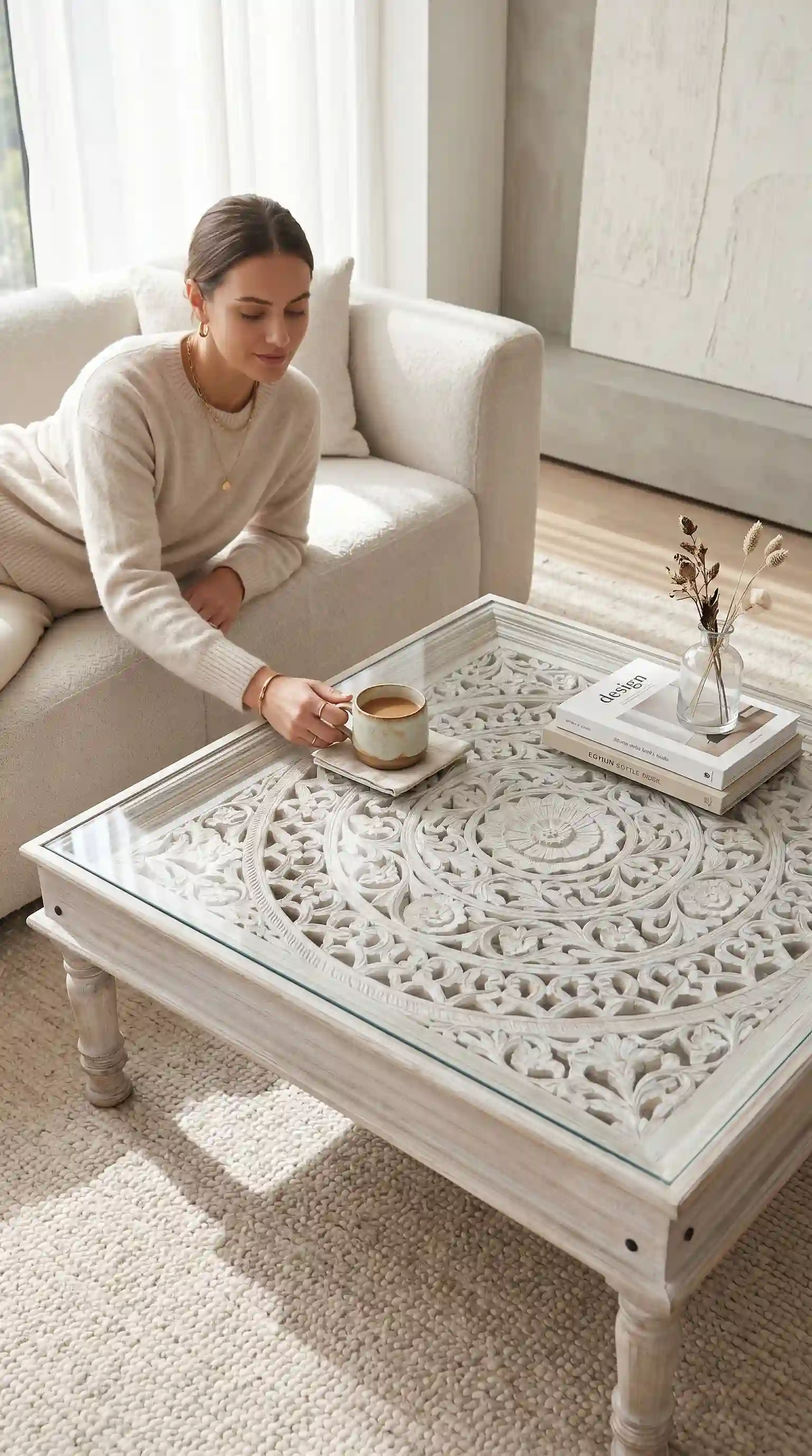 The Shanti Mandala Carved Glass-Top Coffee Table