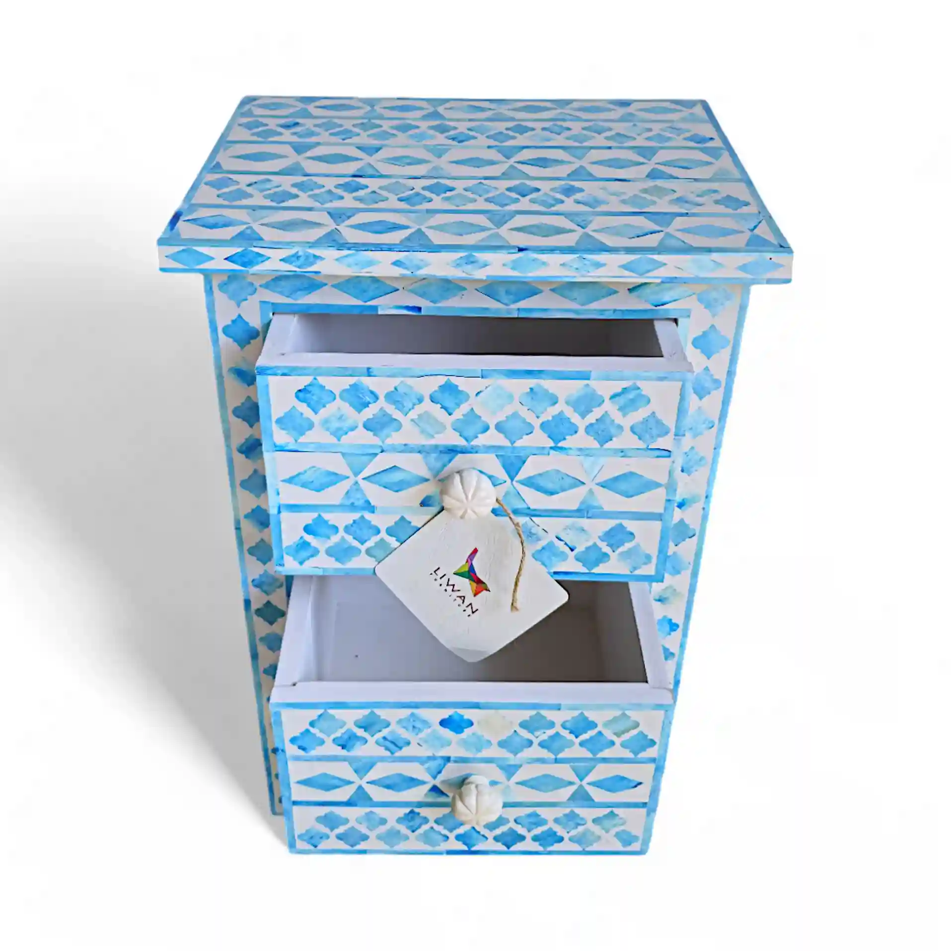 The Indigo-Diamond Bone Inlay Bedside Table