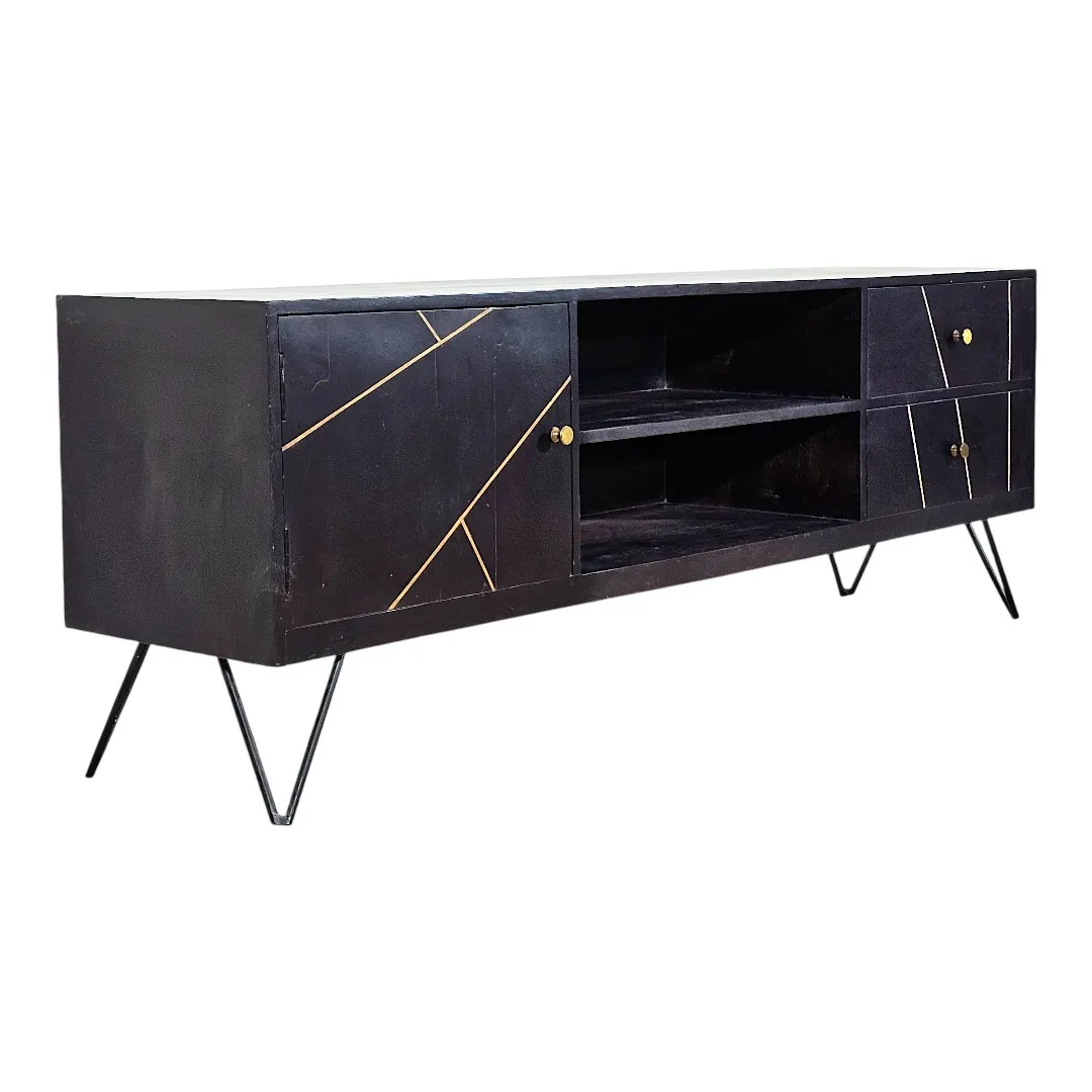 "Aura" Brass-Ribbed Mango Console / وحدة تلفاز "أورا" بالخشب والنحاس