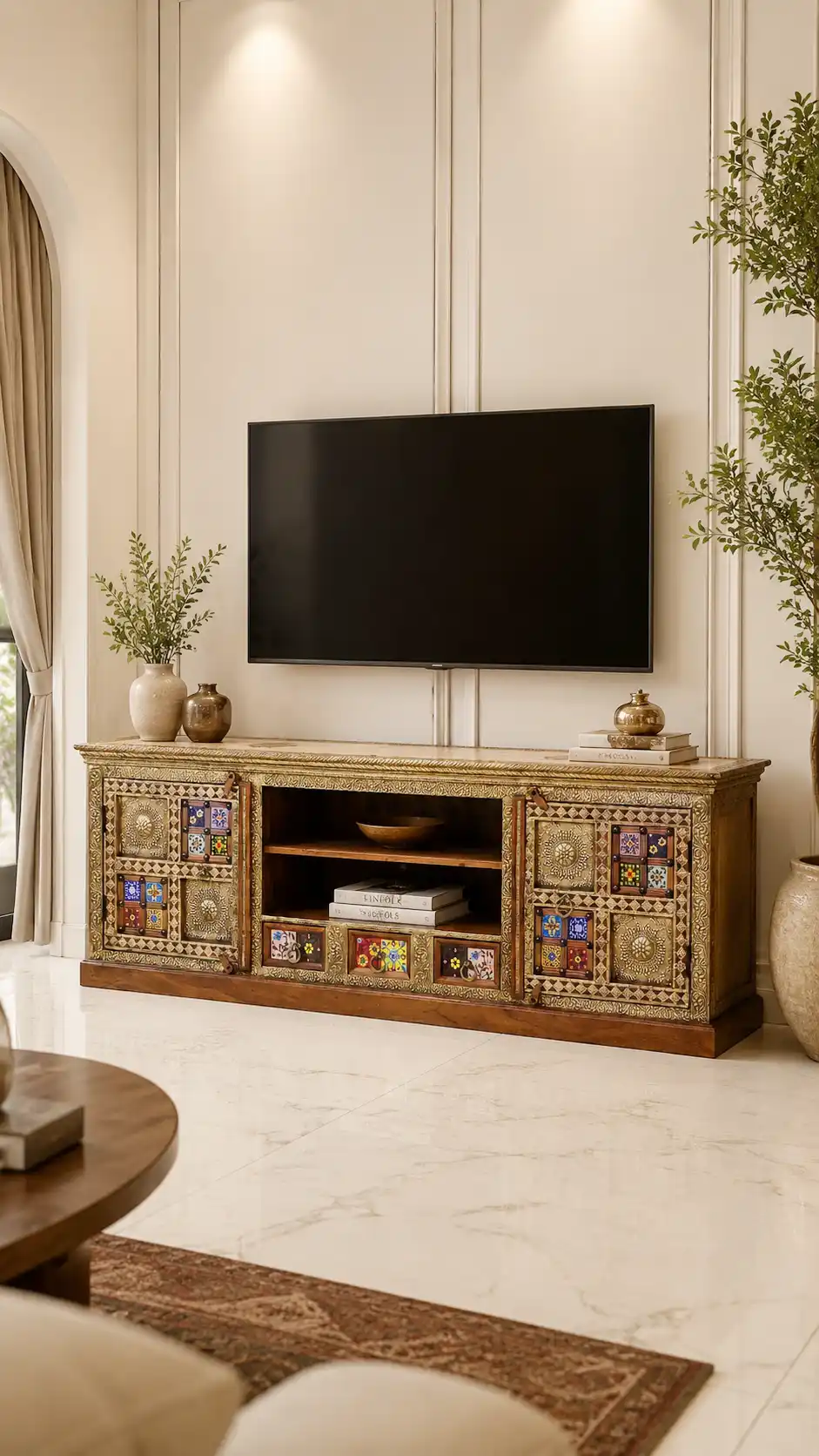 The Zari-Nigar Surahee Solid Rosewood & Brass Media Console