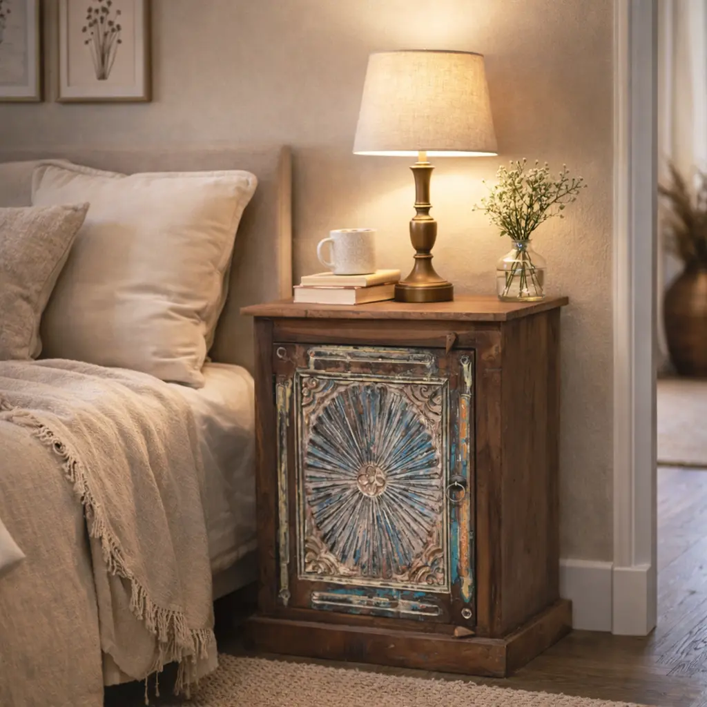 Reclaimed Mango Wood Carved Bedside Cabinet