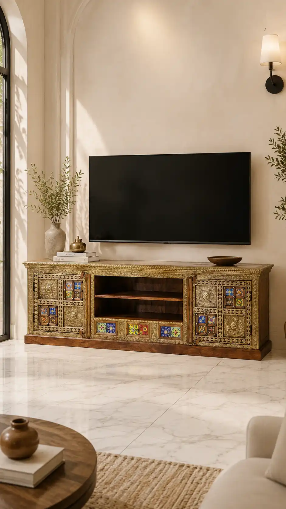 The Zari-Nigar Surahee Solid Rosewood & Brass Media Console