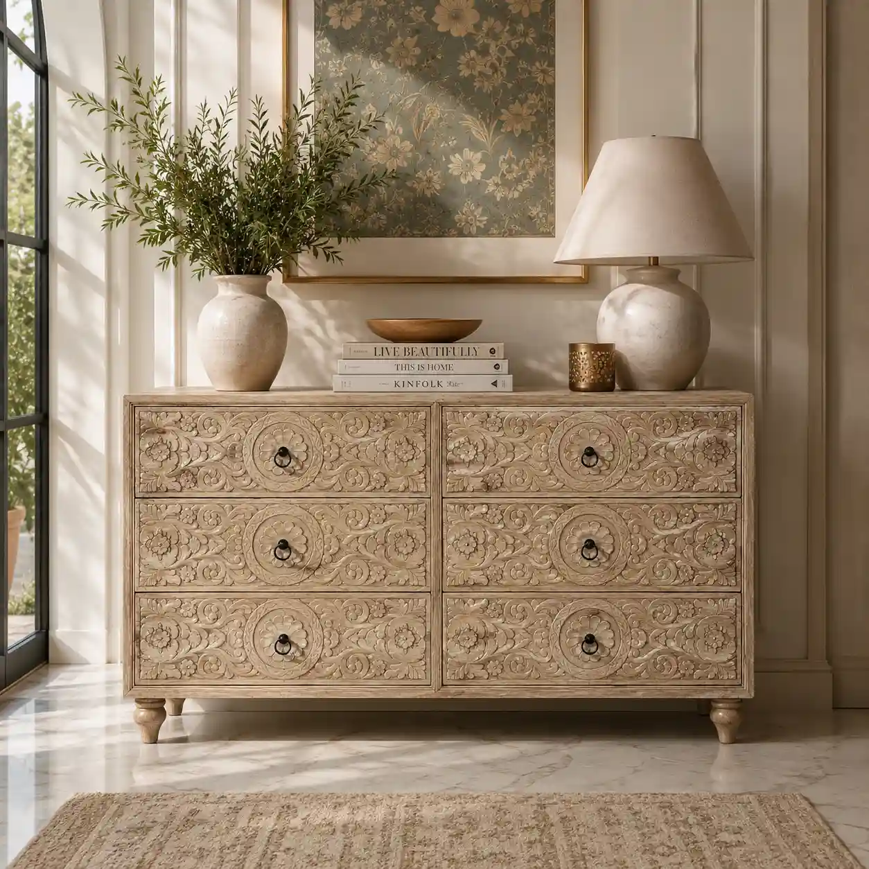 The Asoka Hand-Carved Six-Drawer Media Dresser