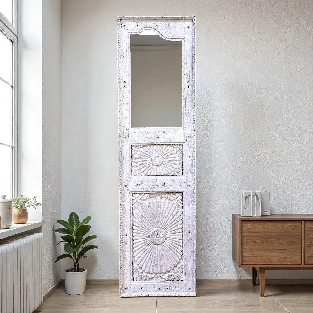Miroir Soleil 'Patine Blanche' | Grand Whitewashed Sunburst Mirror Panel