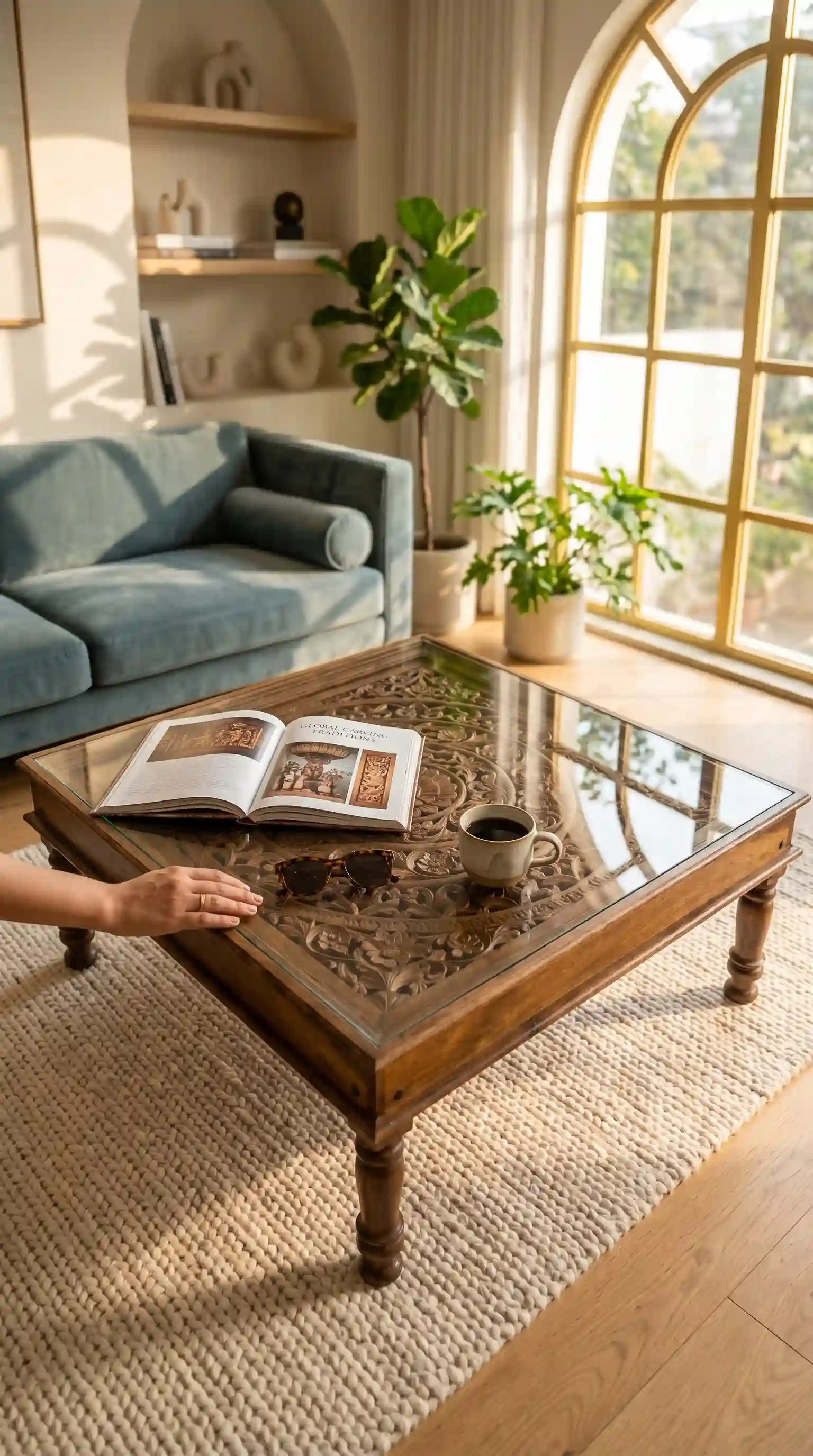 The Shanti Mandala Carved Glass-Top Coffee Table