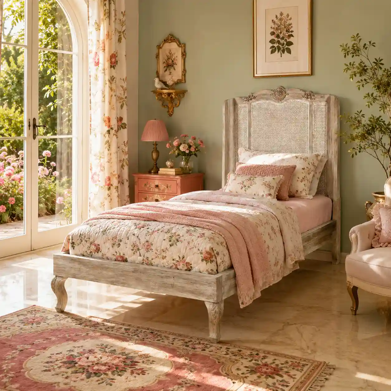 The Indo-Chateau Hand-Carved Cane Single Bed