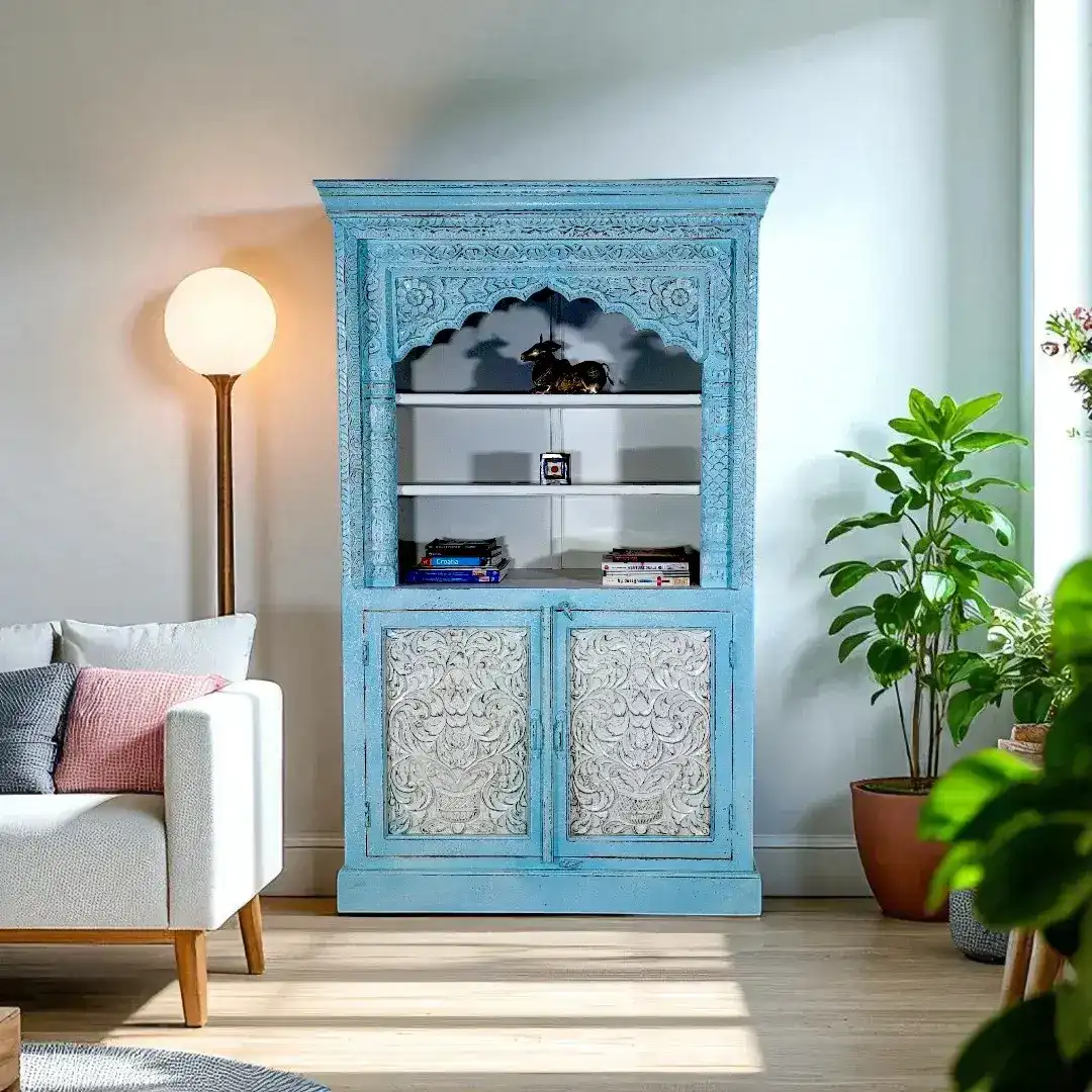 Moroccan Blue Carved Display Cabinet