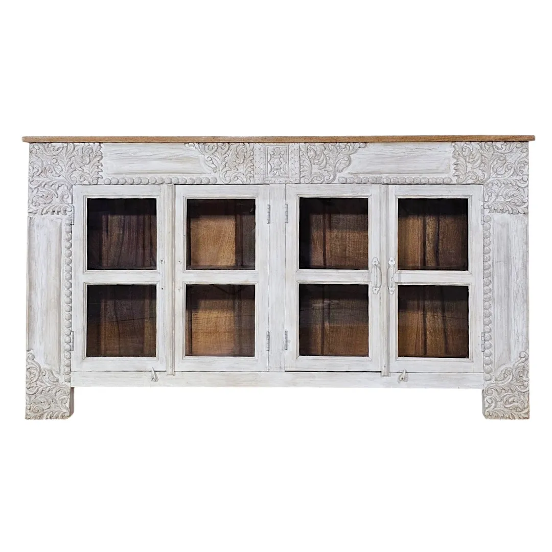 The Sanchi Glass-Fronted Mango Wood Sideboard/Credenza
