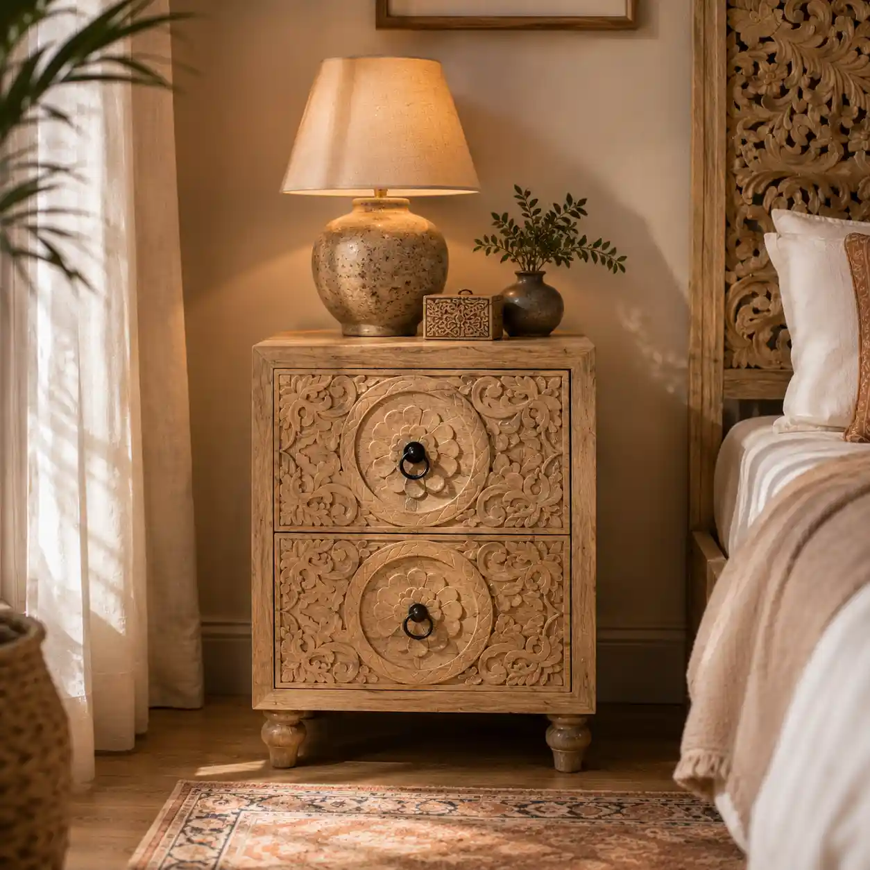 Ashoka Hand-Carved Solid Mango Wood Bedside Table