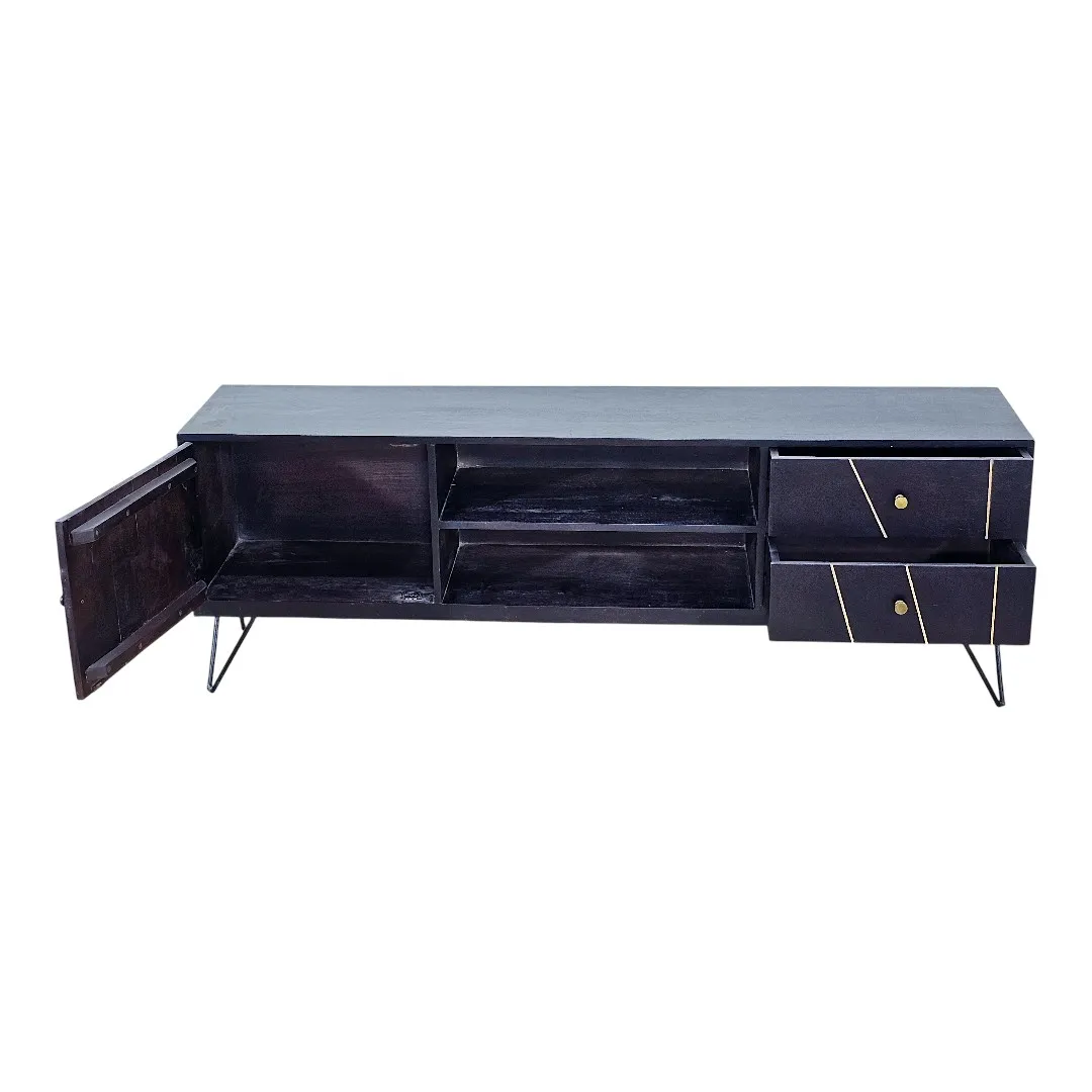 "Aura" Brass-Ribbed Mango Console / وحدة تلفاز "أورا" بالخشب والنحاس