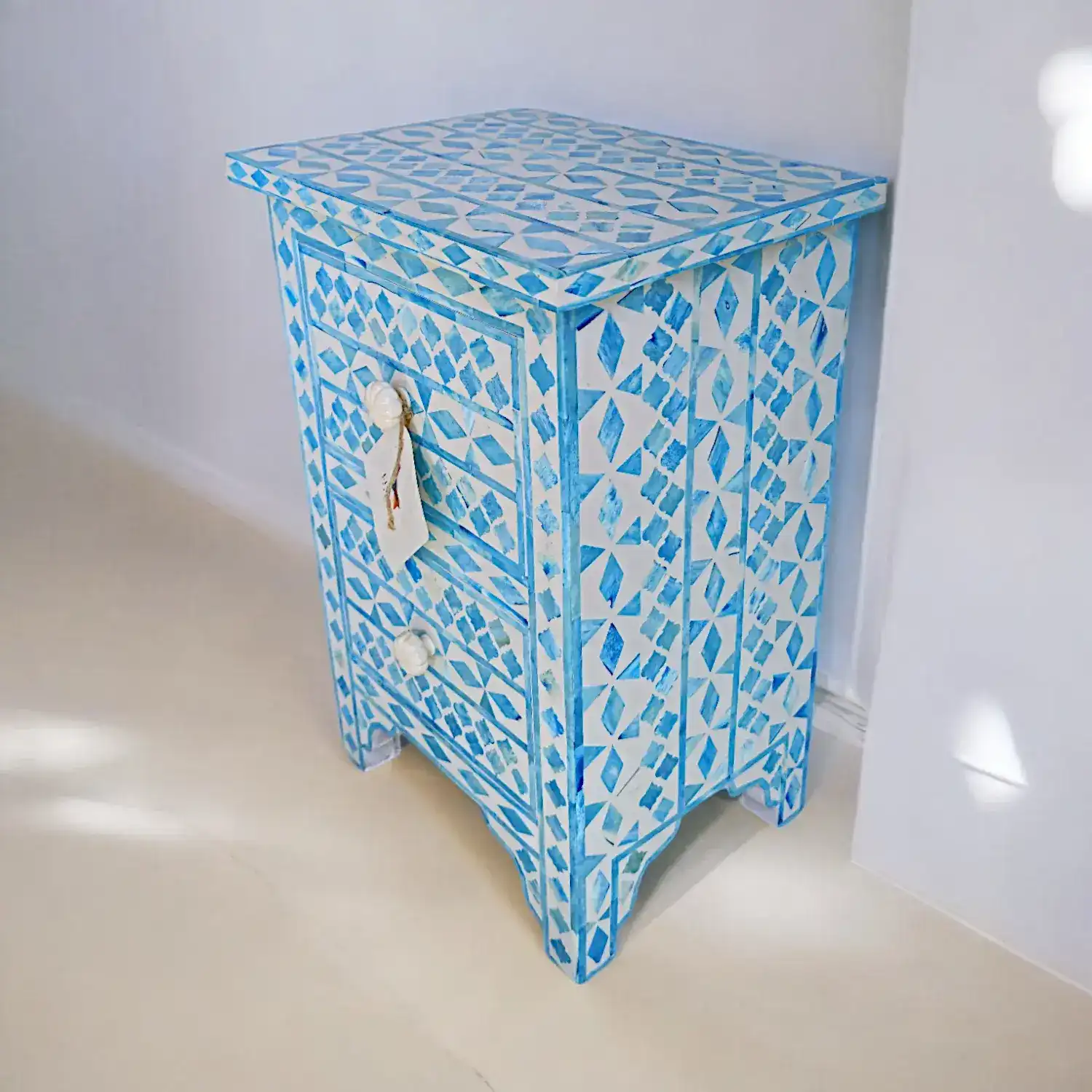 The Indigo-Diamond Bone Inlay Bedside Table