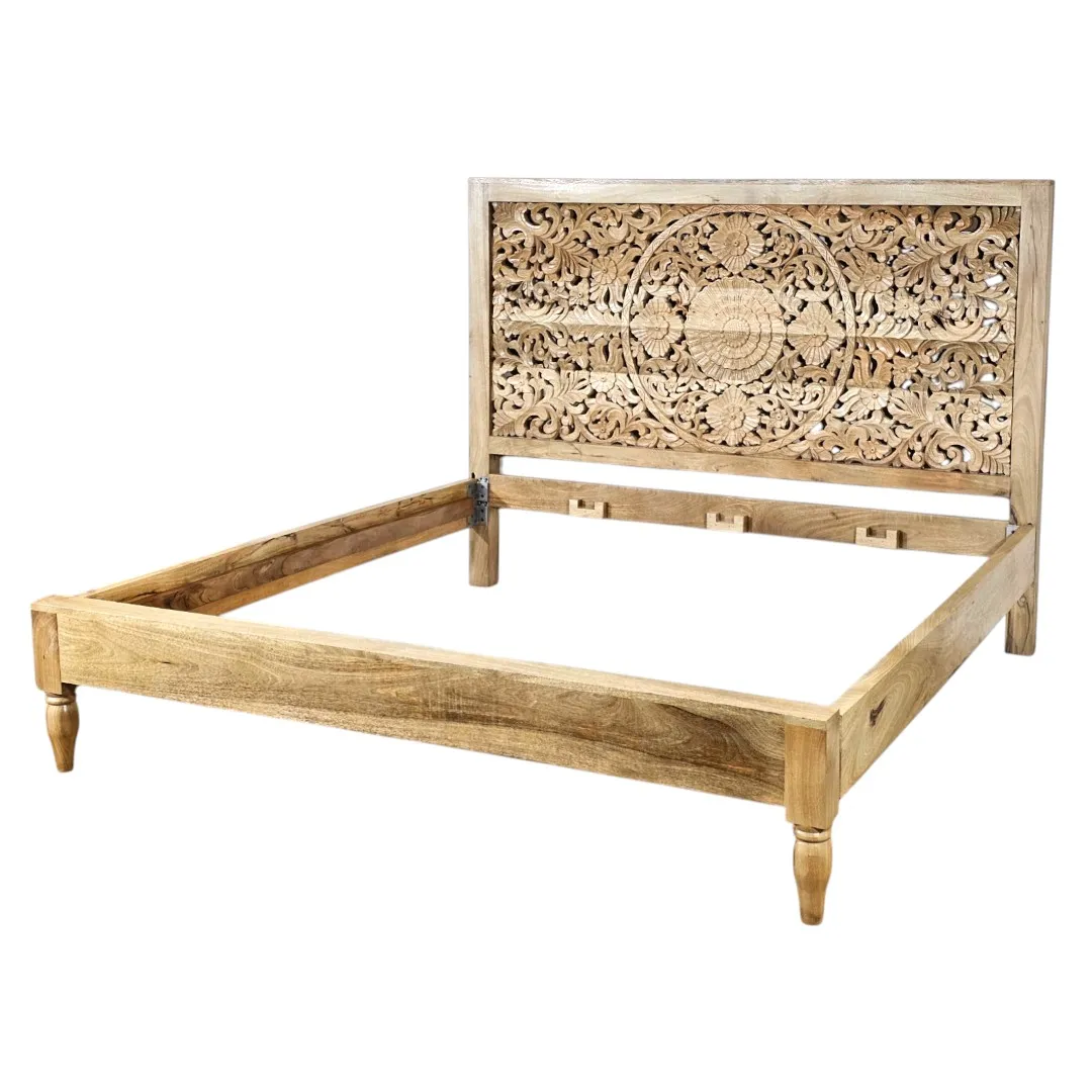 Ashoka Hand-Carved Solid Mango Wood Bed – Indian Heritage Influence