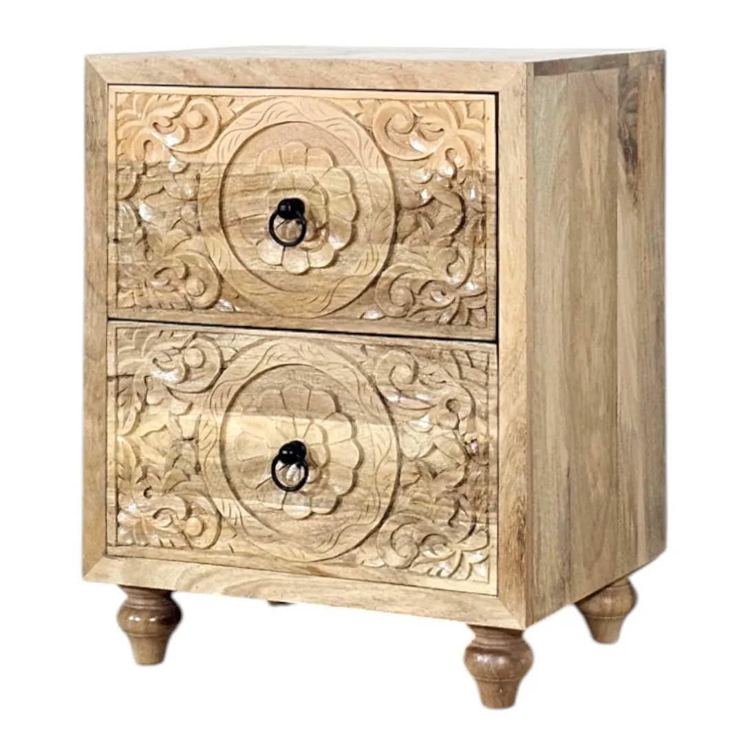 Ashoka Hand-Carved Solid Mango Wood Bedside Table