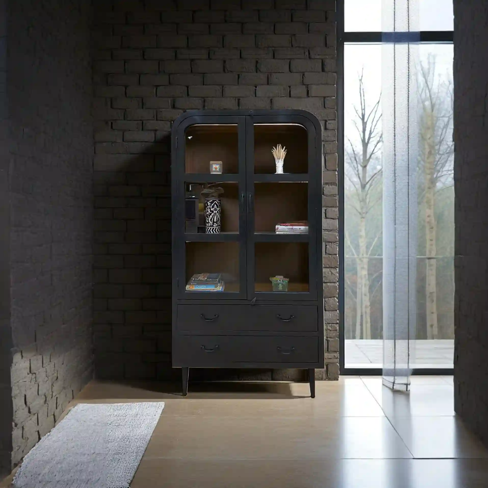 Modern Glass Display Cabinet with Storage Drawers