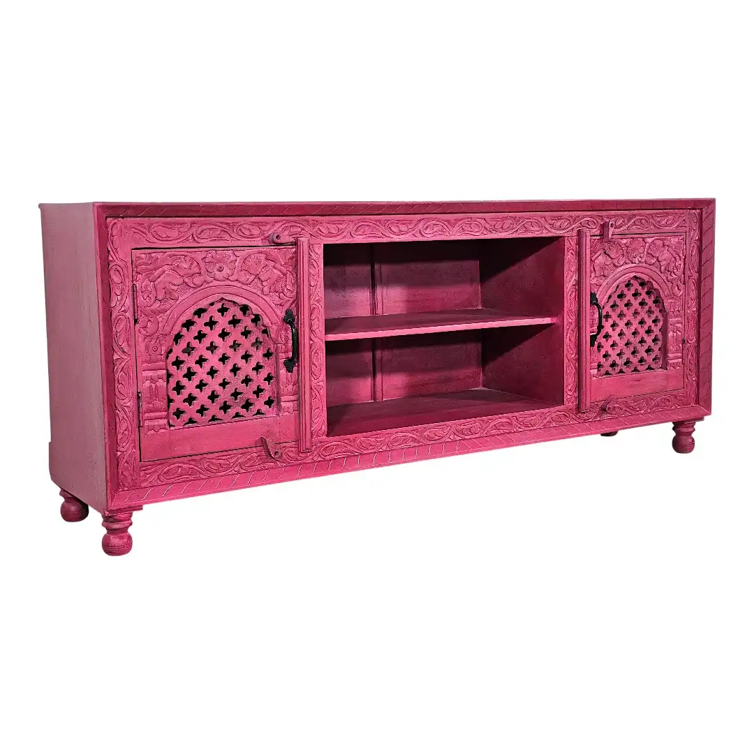 TV bench with intricate hand-carving, natural finish