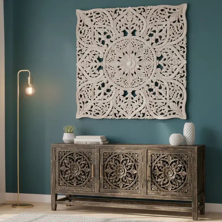 Floral Mandala Carving | Square Panel Wall Art