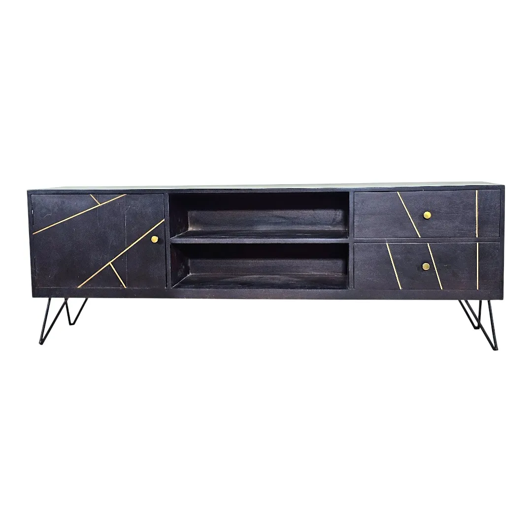 "Aura" Brass-Ribbed Mango Console / وحدة تلفاز "أورا" بالخشب والنحاس