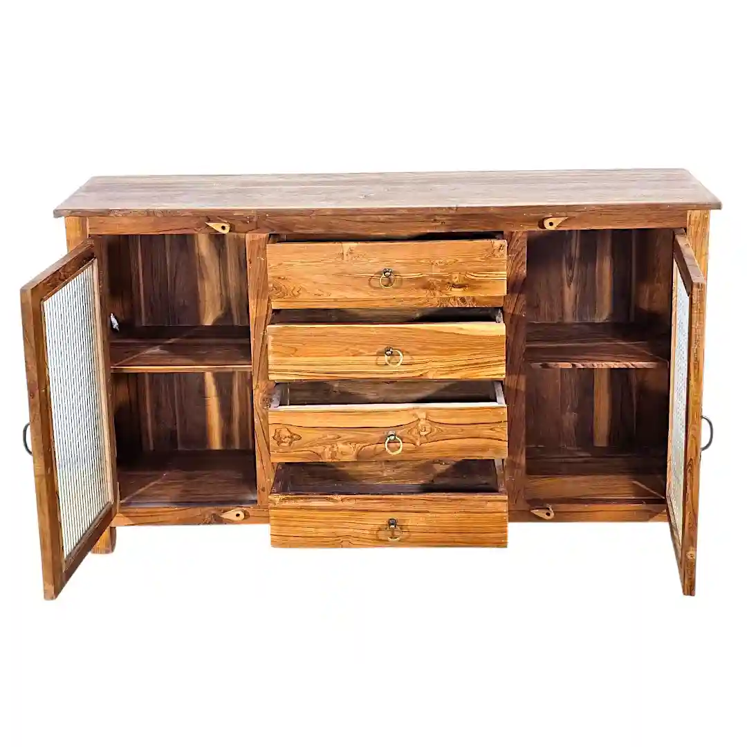 The Malabar Warm Teak and Reeded Glass Sideboard