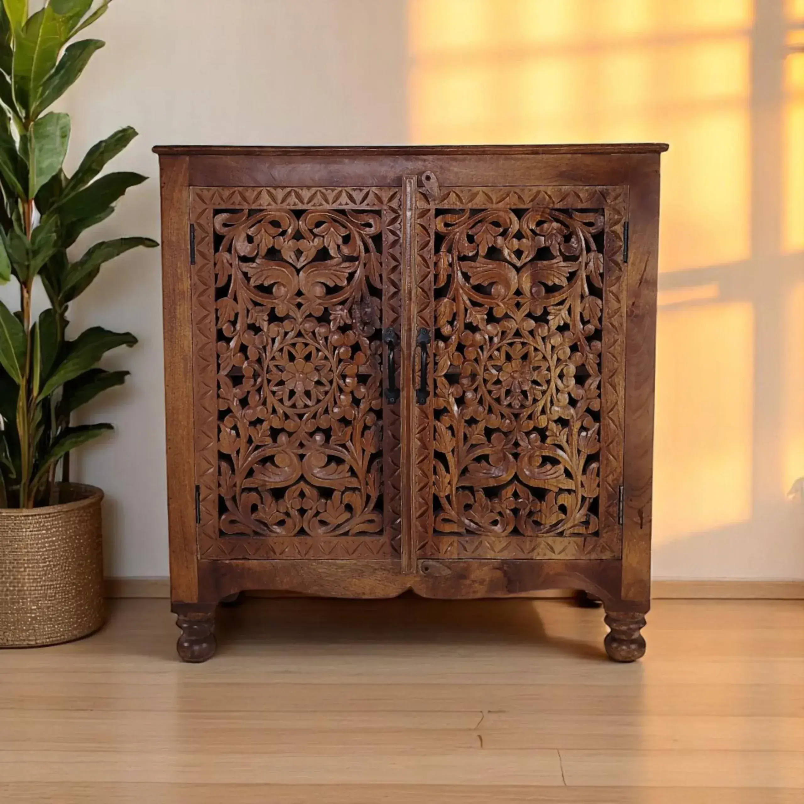 Artisanal Mango Wood Botanical Cabinet