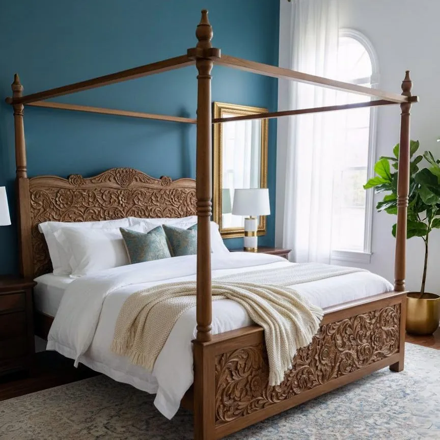 Al-Qasr Majestique Hand-Carved Mango Wood Canopy Bed