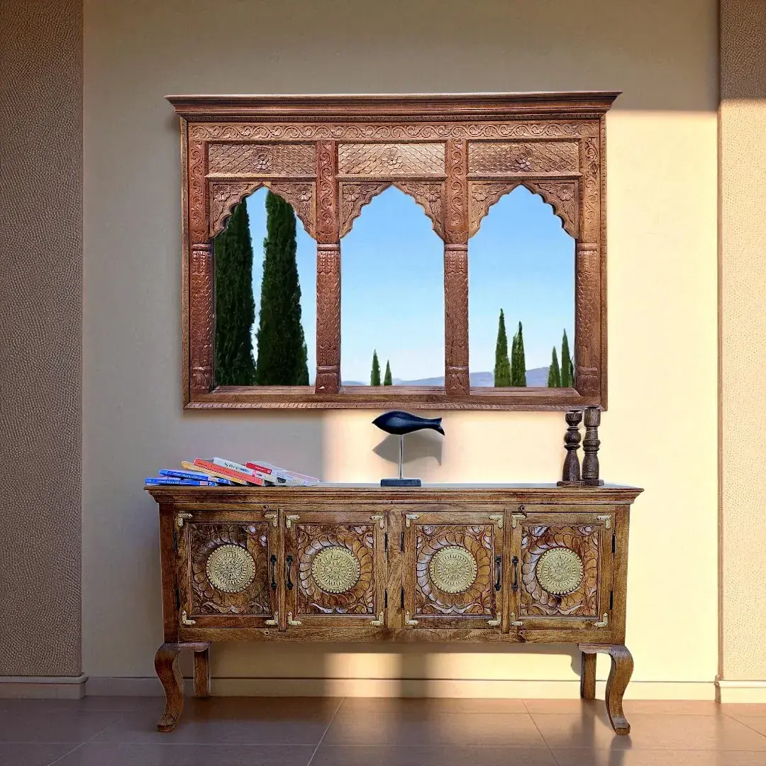 Mughal Arcadian Hand-Carved Mirror