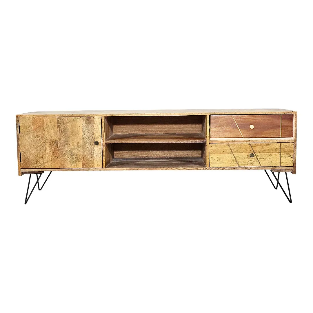 "Aura" Brass-Ribbed Mango Console / وحدة تلفاز "أورا" بالخشب والنحاس