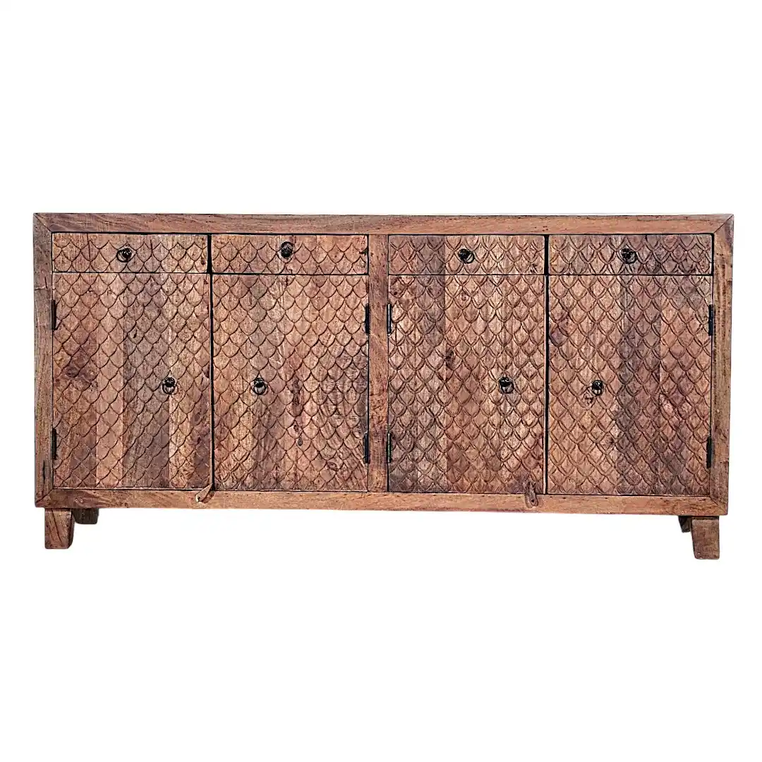 The Mahi-Puls Carved Solid Mango Wood 4-Door Sideboard