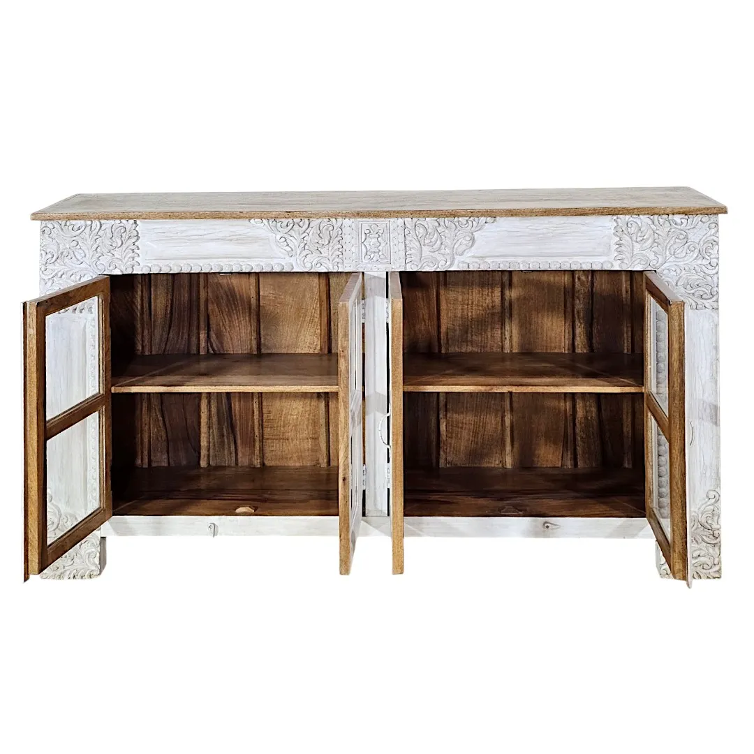 The Sanchi Glass-Fronted Mango Wood Sideboard/Credenza