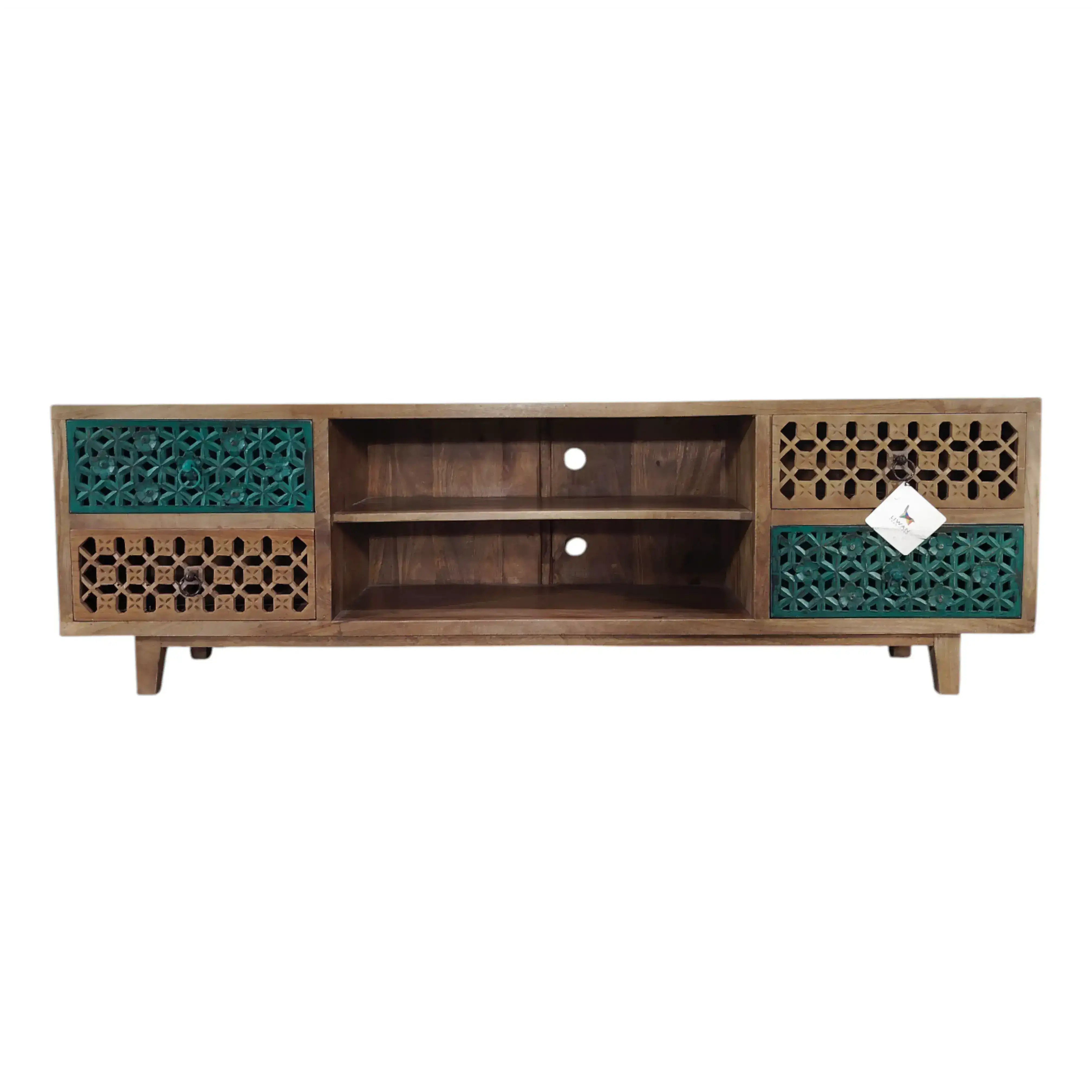 TV bench with patterned panels, natural/green